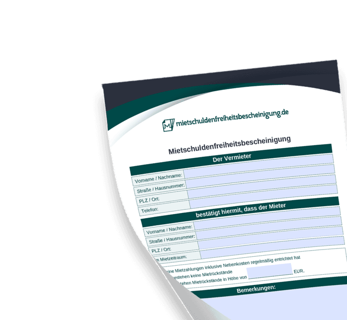 Vollständig ausgefüllte Mietschuldenfreiheitsbescheinigung mit Vermieterangaben als Muster