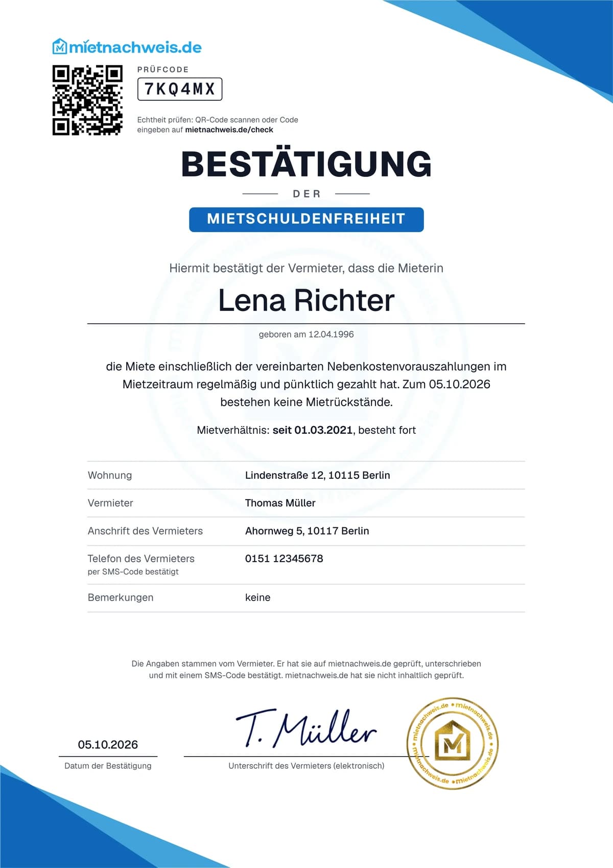 Muster einer online bestätigten Bescheinigung von mietnachweis.de für Lena Richter: Prüfcode mit QR-Code, Angaben zu Wohnung und Vermieter Thomas Müller, elektronische Unterschrift und Siegel